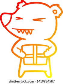 warm gradient line drawing of a angry bear cartoon with gift