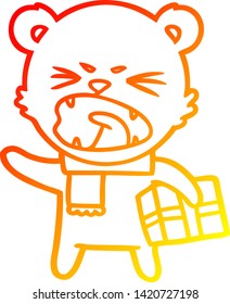 warm gradient line drawing of a angry cartoon polar bear with christmas present