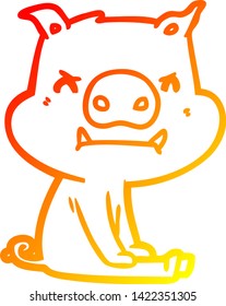 warm gradient line drawing of a angry cartoon pig sitting
