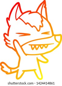 desenho de linha de gradiente quente de um desenho animado de lobo irritado