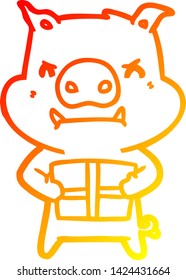 warm gradient line drawing of a angry cartoon pig with christmas gift