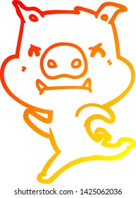 warm gradient line drawing of a angry cartoon pig charging