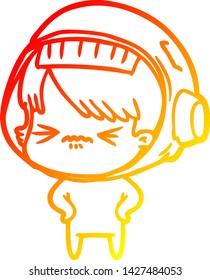 warm gradient line drawing of a angry cartoon space girl with hands on hips