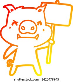 warm gradient line drawing of a angry cartoon pig protesting