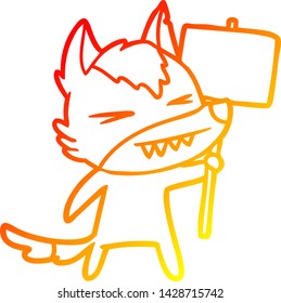 dibujo de línea de degradado cálido de una caricatura de lobo enojado con un cartel