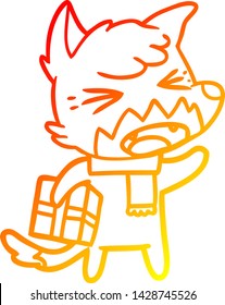 warm gradient line drawing of a angry cartoon fox with gift