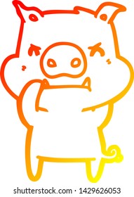 warm gradient line drawing of a angry cartoon pig