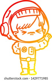 warm gradient line drawing of a angry cartoon space girl waving