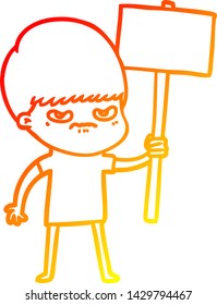 warm gradient line drawing of a angry cartoon boy protesting
