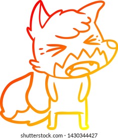 dibujo de línea de degradado cálido de un zorro de dibujos animados enojado