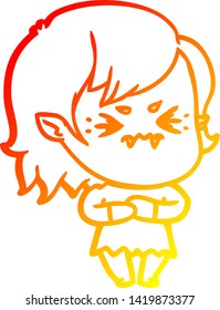 warm gradient line drawing of a annoyed cartoon vampire girl