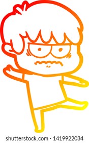 warm gradient line drawing of a annoyed cartoon boy