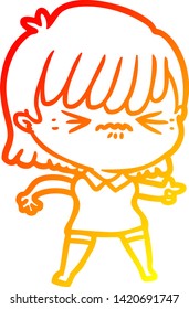 dibujo de línea de gradiente cálido de una fastidiada niña de dibujos animados