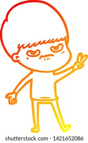 dibujo de línea de gradiente cálido de un chico de dibujos animados fastidiado