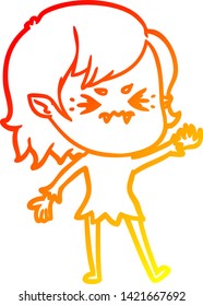warm gradient line drawing of a annoyed cartoon vampire girl