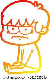 dibujo de línea de gradiente cálido de un chico de dibujos animados fastidiado