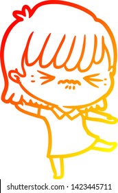 dibujo de línea de gradiente cálido de una fastidiada niña de dibujos animados