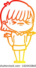 desenho de linha gradiente quente de uma menina de desenho animado irritado