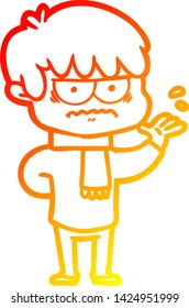 dibujo de línea de gradiente cálido de un chico de dibujos animados fastidiado