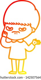 warm gradient line drawing of a annoyed cartoon boy