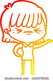 dibujo de línea de gradiente cálido de una fastidiada niña de dibujos animados