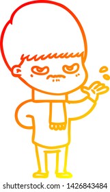 warm gradient line drawing of a annoyed cartoon boy