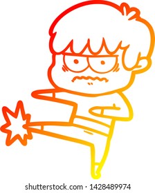 dibujo de línea de gradiente cálido de un chico de dibujos animados fastidiado