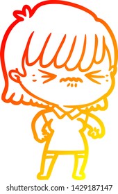 dibujo de línea de gradiente cálido de una fastidiada niña de dibujos animados