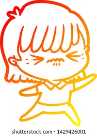 dibujo de línea de gradiente cálido de una fastidiada niña de dibujos animados