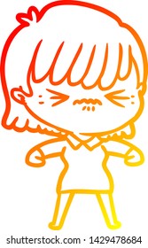 dibujo de línea de gradiente cálido de una fastidiada niña de dibujos animados