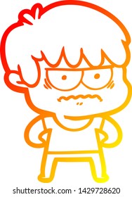 warm gradient line drawing of a annoyed cartoon boy