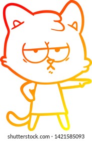 dibujo de línea de degradado cálido de un gato de dibujos animados aburrido que señala