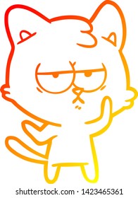 dibujo de línea de degradado cálido de un gato de dibujos animados aburrido
