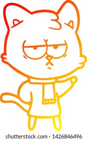 warm gradient line drawing of a bored cartoon cat in winter clothes
