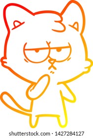dibujo de línea de degradado cálido de un gato de dibujos animados aburrido