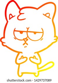 dibujo de línea de degradado cálido de un gato de dibujos animados aburrido
