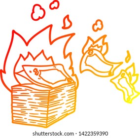 warme Farbverlauf-Linienzeichnung eines brennenden Geldcartoon