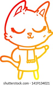 dibujo de línea de degradado cálido de un gato de dibujos animados tranquilo con bufanda