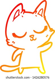 dibujo de línea de degradado cálido de un gato de dibujos animados calmado