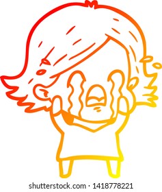 warme Farbverlauf-Linie Zeichnung einer Cartoon-Frau weinend