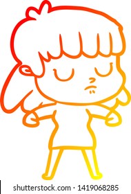 warm gradient line drawing of a cartoon indifferent woman