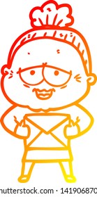 warm gradient line drawing of a cartoon happy old lady