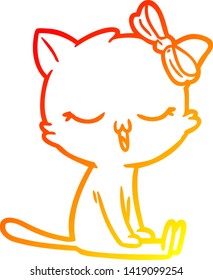 warm gradient line drawing of a cartoon cat with bow on head