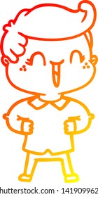 warm gradient line drawing of a cartoon laughing boy with hands on hips