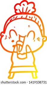 warm gradient line drawing of a cartoon happy old woman
