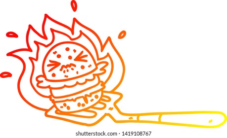 dibujo de línea de degradado cálido de una hamburguesa de dibujos animados en la espátula