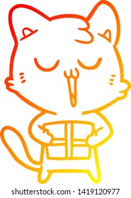 warm gradient line drawing of a cartoon cat with present