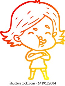 warm gradient line drawing of a cartoon girl pulling face