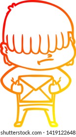 warm gradient line drawing of a cartoon boy with untidy hair