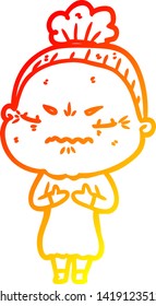 warm gradient line drawing of a cartoon annoyed old lady